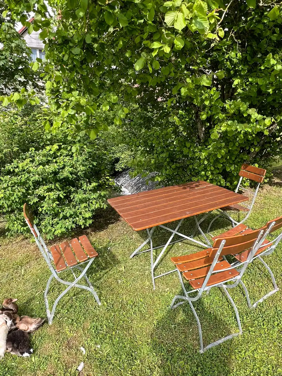 Gartentisch mit Bänken direkt am Ufer des Heimbachs