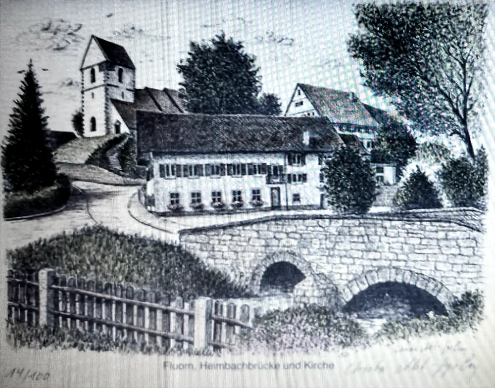 Zeichnung des alten Ortskerns von Fluorn mit der Heimbachbrücke