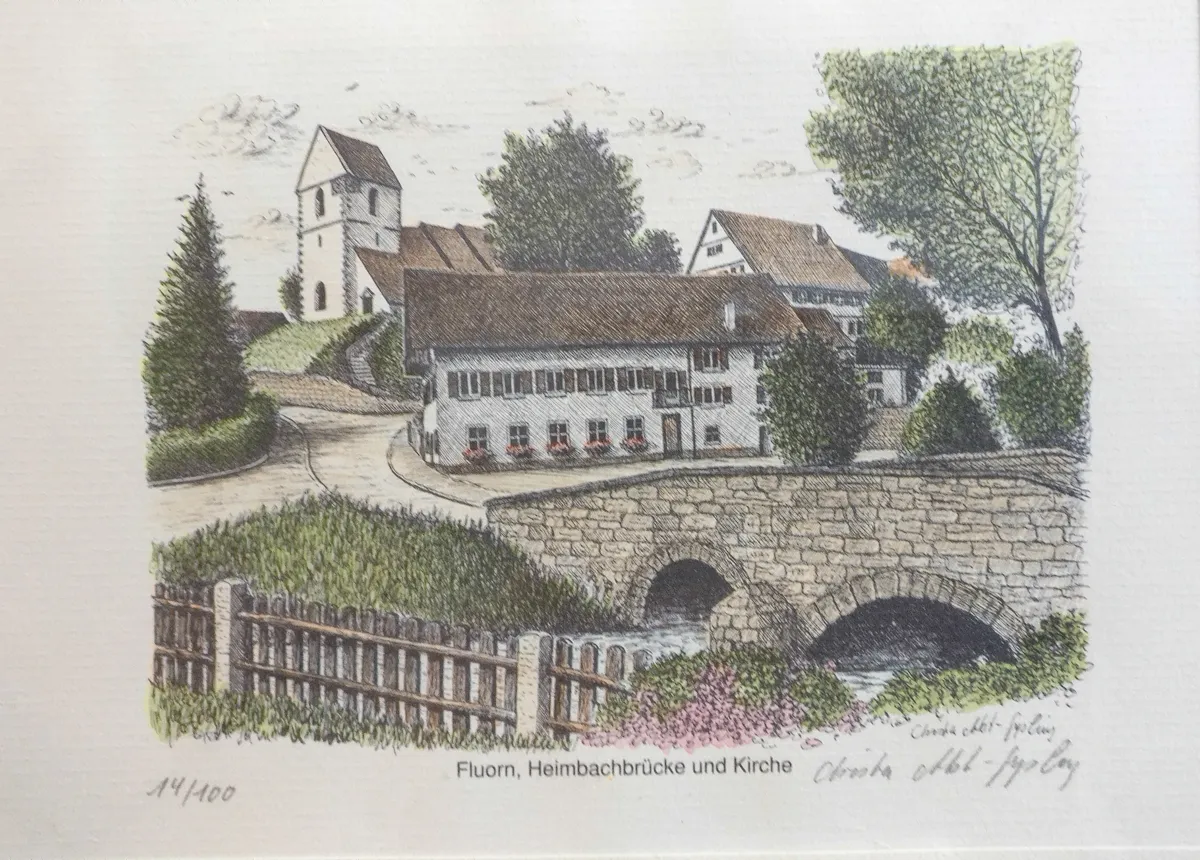 Historische Zeichnung von Fluorn — Heimbachbrücke und Kirche