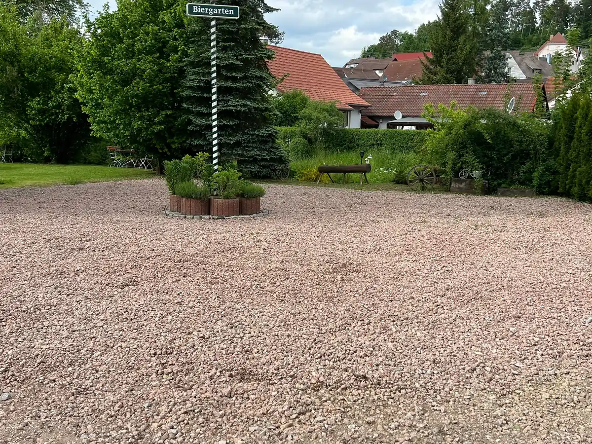 Der Hof mit Wegweiser und Parkfläche
